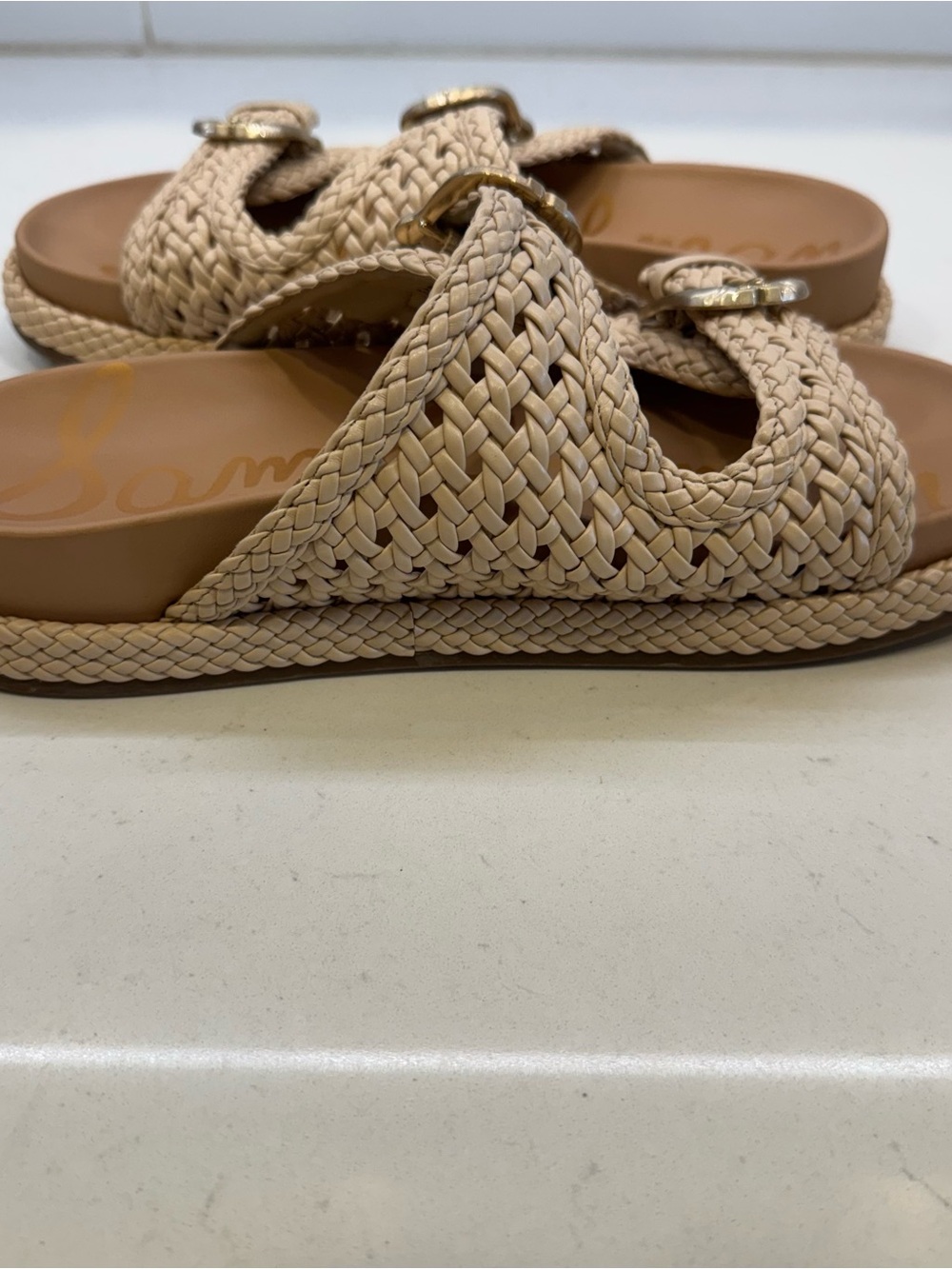 Sam Edelman Reid Woven Double Buckle Platform Slide Sandals Beige Size 8 - Picture 3 of 13